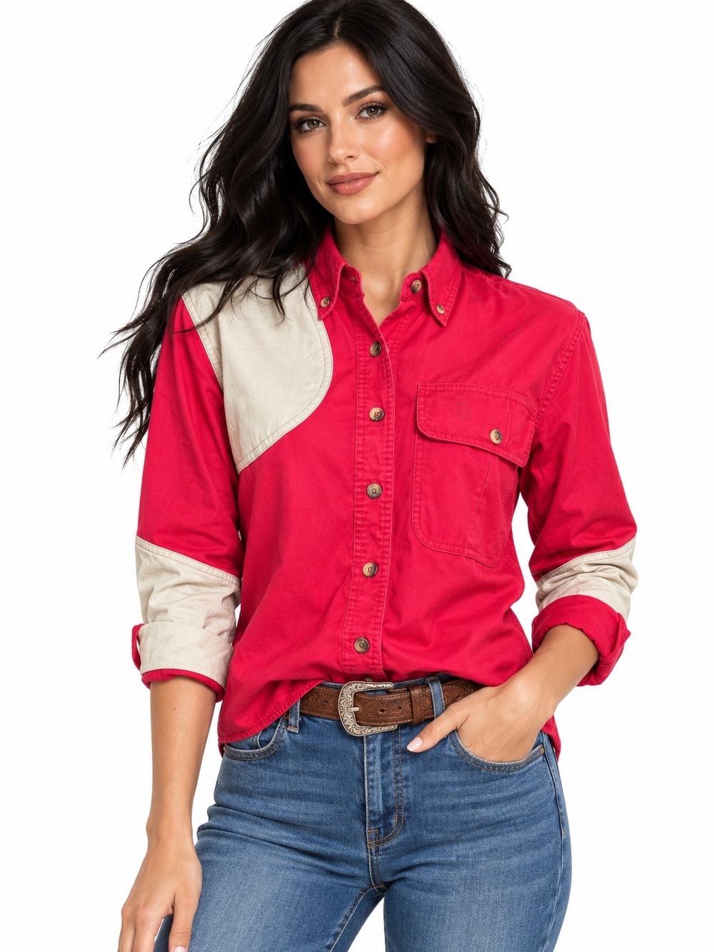 NWOT Bob Allen Cotton Hunting Button-Down Shirt Red with Cream Accents